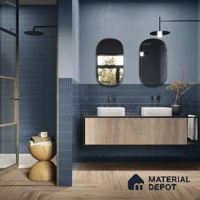 Serene Blue Sanctuary: Modern Bathroom with Wood Accents and Subdued Blue Tiles | Material Depot