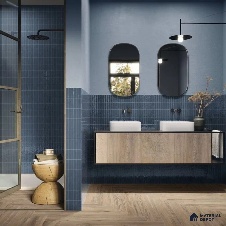 Serene Blue Sanctuary: Modern Bathroom with Wood Accents and Subdued Blue Tiles | Material Depot