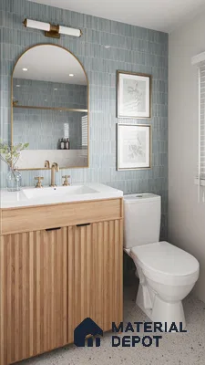 Serene Blue Tile Bathroom with Wood Vanity | Material Depot