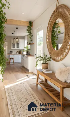 Serene Bohemian Interior: Slatted Natural Wood Bed Frame With Integrated Nightstands And Soft Textiles | Material Depot