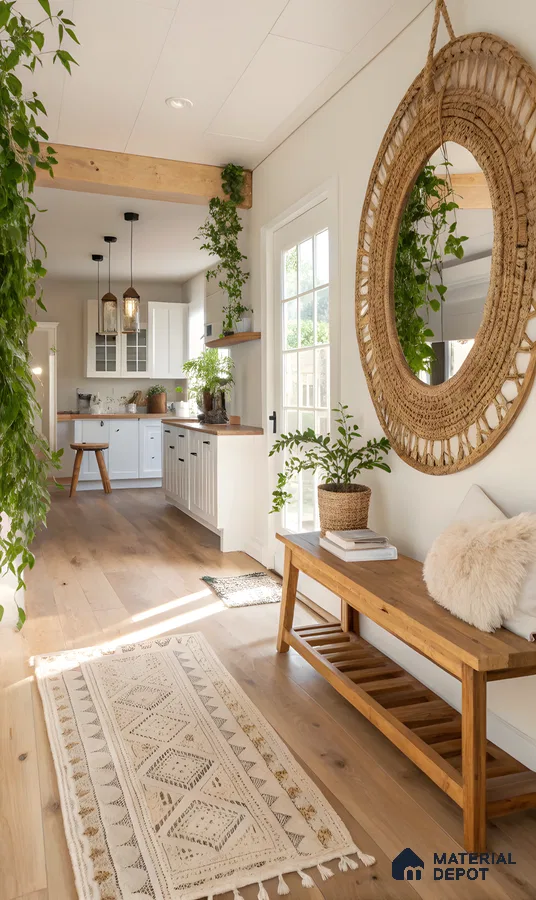 Serene Bohemian Interior: Slatted Natural Wood Bed Frame With Integrated Nightstands And Soft Textiles | Material Depot