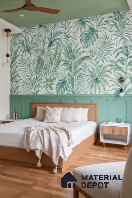 Serene Botanical Bedroom with Sage Wainscoting, Warm Wood Furniture & Soft Neutral Bedding | Material Depot