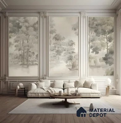 Serene Classical Living Room With Monochrome Landscape Panels | Material Depot