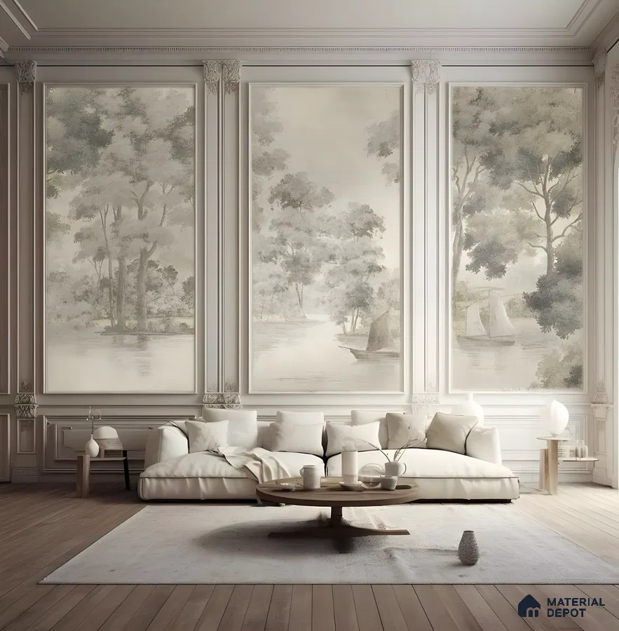 Serene Classical Living Room With Monochrome Landscape Panels | Material Depot