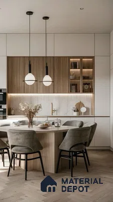 Serene Dining Area with Wood Accents and Herringbone Flooring | Material Depot