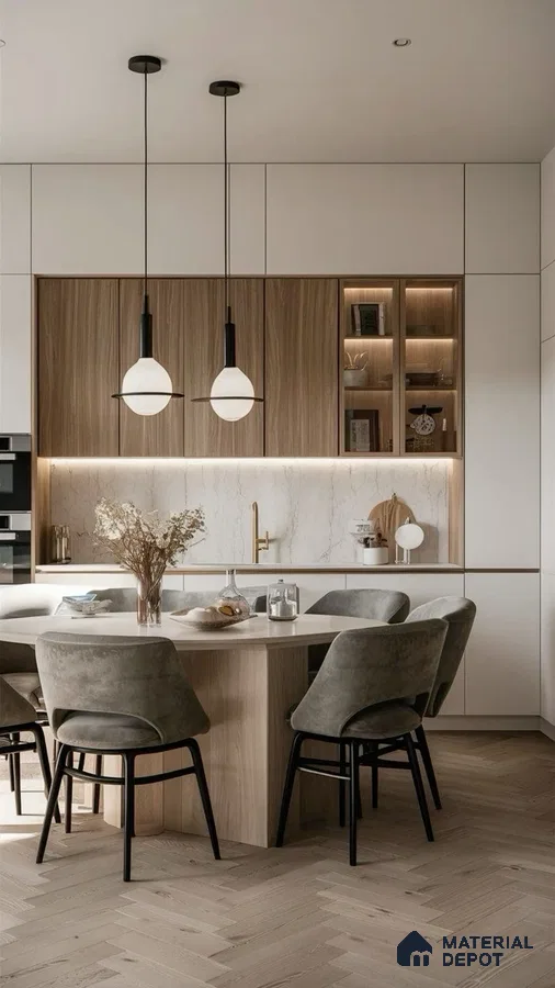 Serene Dining Area with Wood Accents and Herringbone Flooring | Material Depot