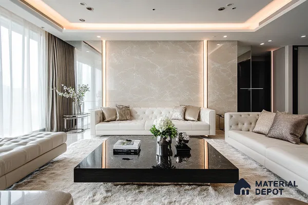 Serene Elegance: A Luxurious Living Room with a Marble Feature Wall | Material Depot