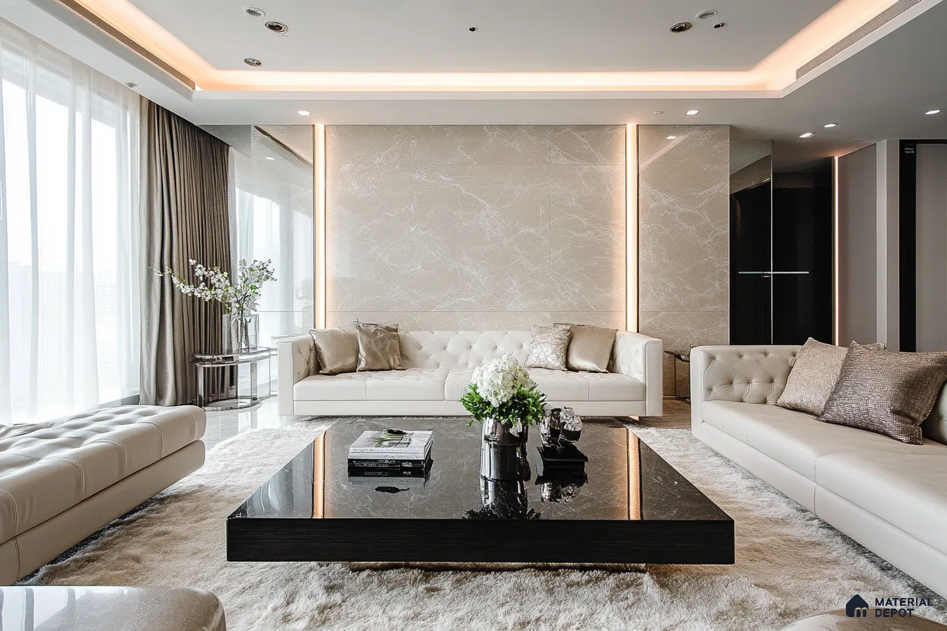 Serene Elegance: A Luxurious Living Room with a Marble Feature Wall | Material Depot