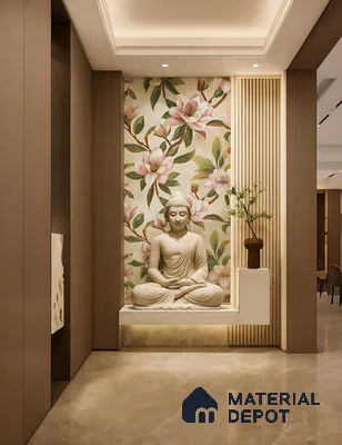 Serene foyer with Buddha statue in 3bhk apartment in Durga Petals Marathahalli Bengaluru | Material Depot