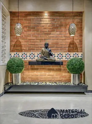 Serene Foyer with Moroccan Tile Highlights, Brick Texture & Metal Planters | Material Depot