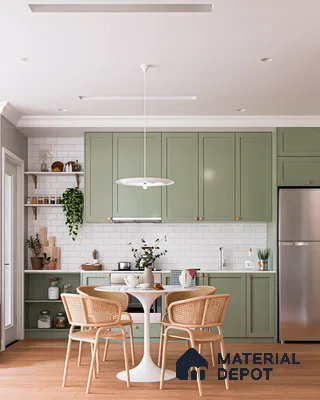 Serene Green Kitchen with Farmhouse Charm White Subway Tiles | Material Depot