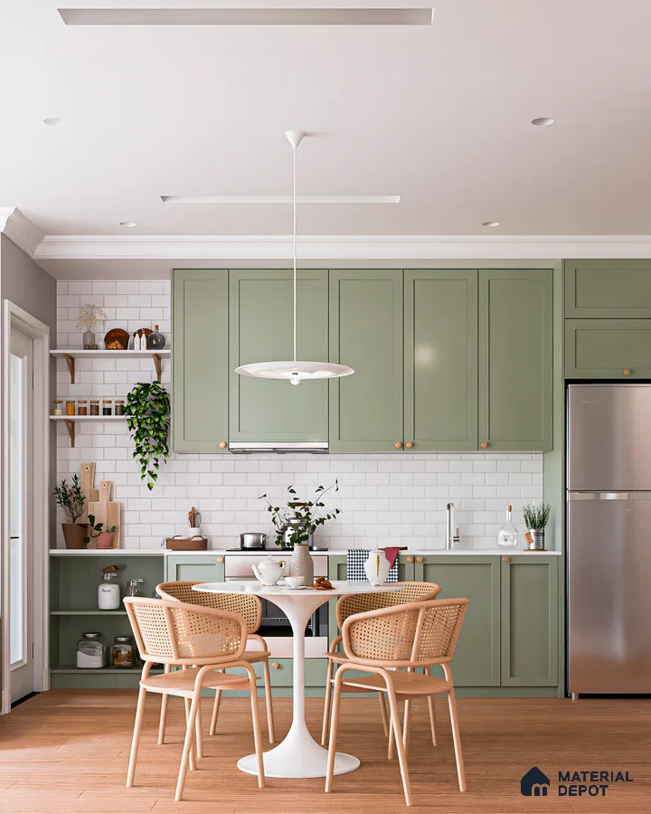 Serene Green Kitchen with Farmhouse Charm White Subway Tiles | Material Depot