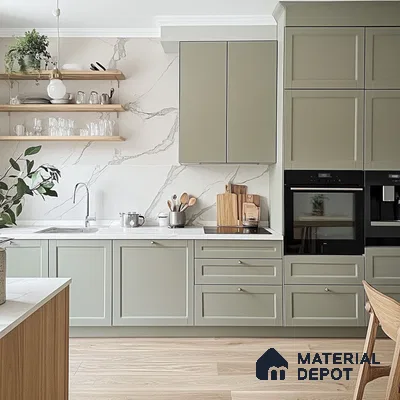 Serene Green Kitchen with Marble Backsplash and Wood Accents | Material Depot