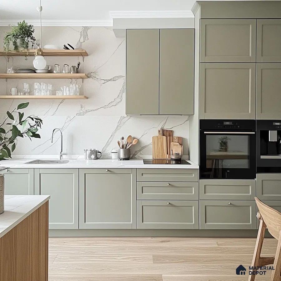 Serene Green Kitchen with Marble Backsplash and Wood Accents | Material Depot