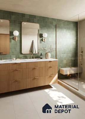 Serene Green Tile Bathroom with Warm Wood Vanity and Golden Accents | Material Depot