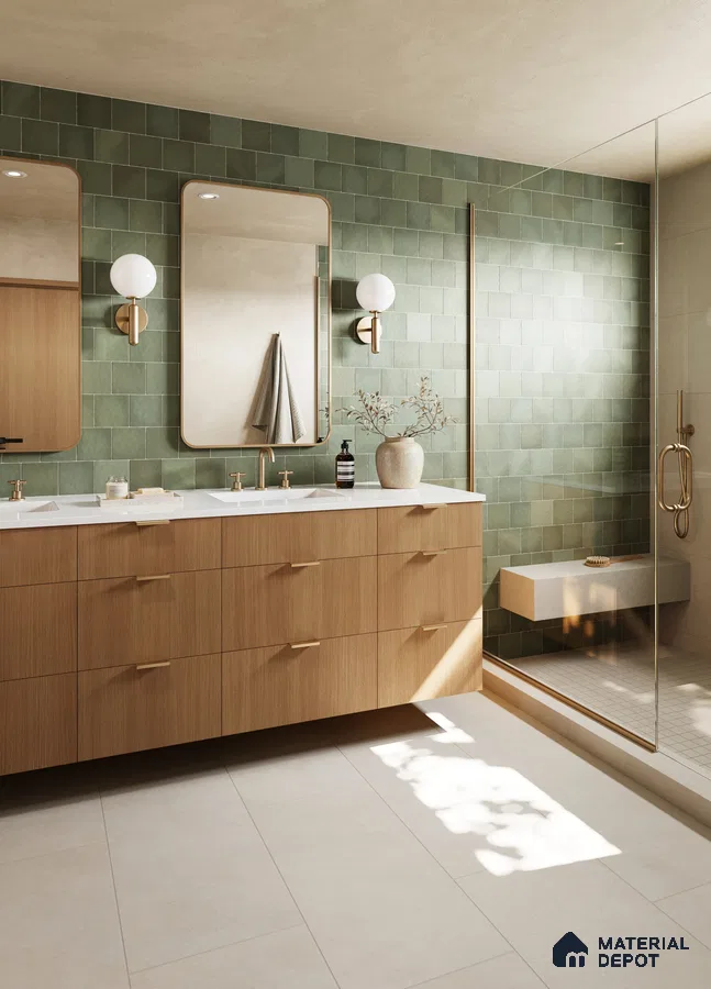 Serene Green Tile Bathroom with Warm Wood Vanity and Golden Accents | Material Depot