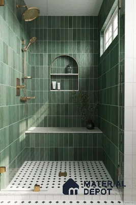 Serene Green Tiled Shower with Black and White Checkered Floor and Gold Accents | Material Depot
