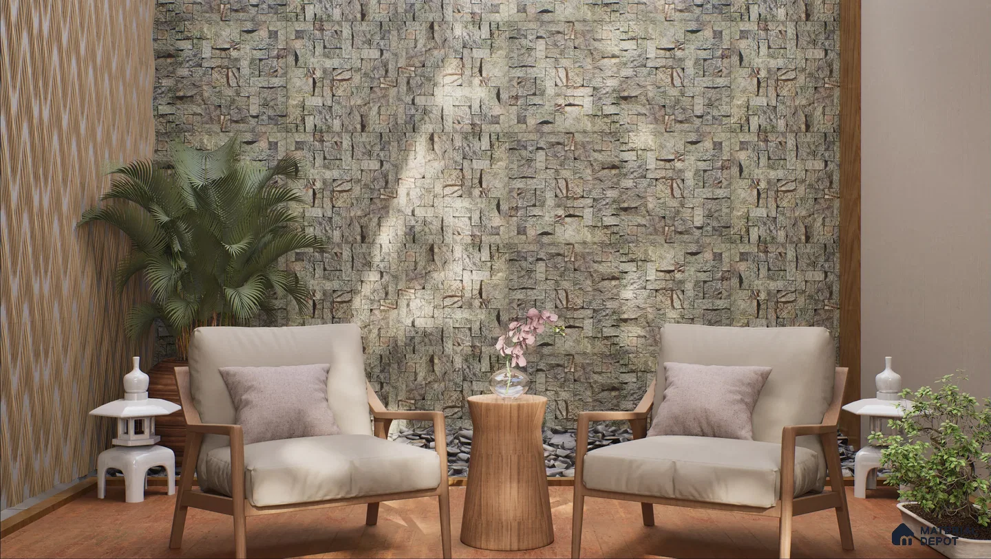 Serene Indoor Garden Seating Area with Textured Stone Wall Cladding | Material Depot