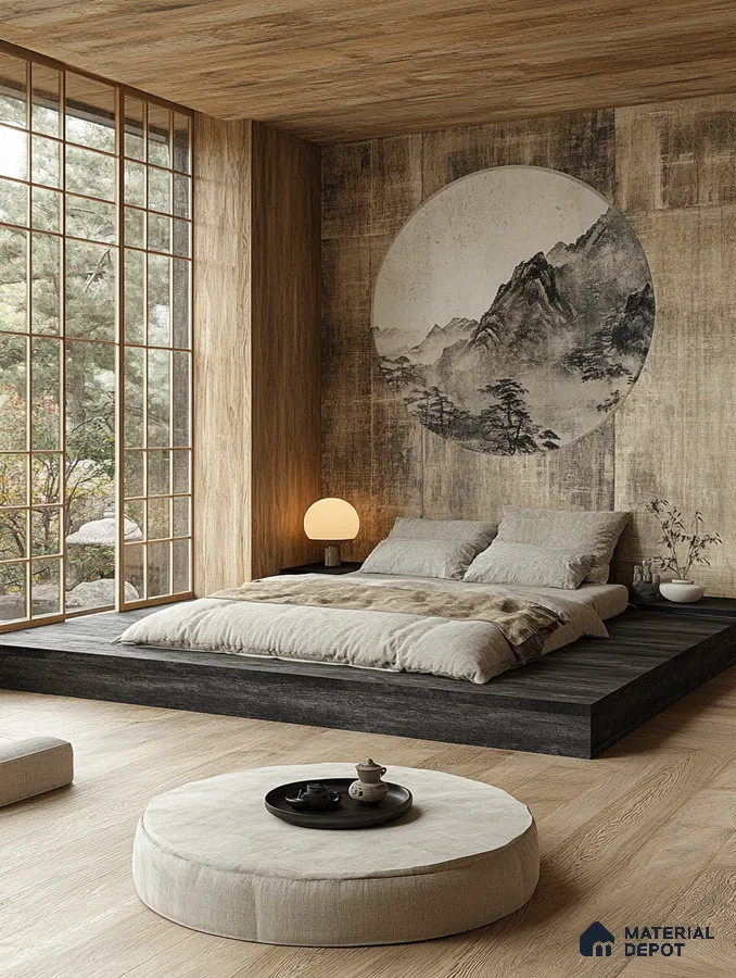 Serene Japanese-Inspired Bedroom Design with Garden View and Round Shoji Screen
Sobha Dream Acres Panathur | Material Depot