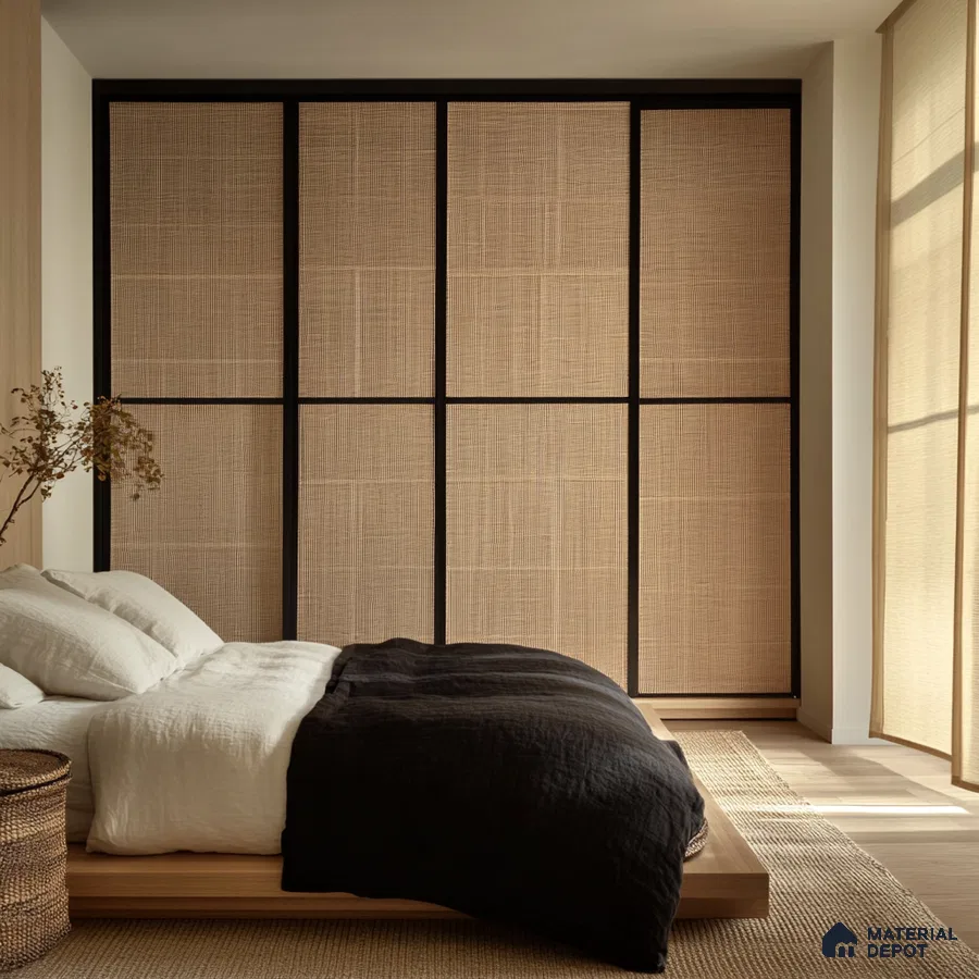 Serene Japanese-Inspired Bedroom Design with Shoji Screens and Cane Accents Brigade Orchards Devanahalli | Material Depot