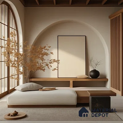 Serene Japanese-Inspired Living Room with Arched Window and Natural Wood Accents Assetz Earth & Essence Hosahalli | Material Depot