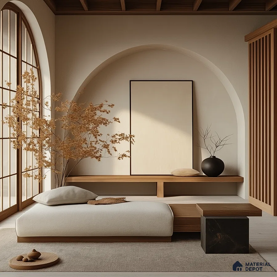 Serene Japanese-Inspired Living Room with Arched Window and Natural Wood Accents Assetz Earth & Essence Hosahalli | Material Depot