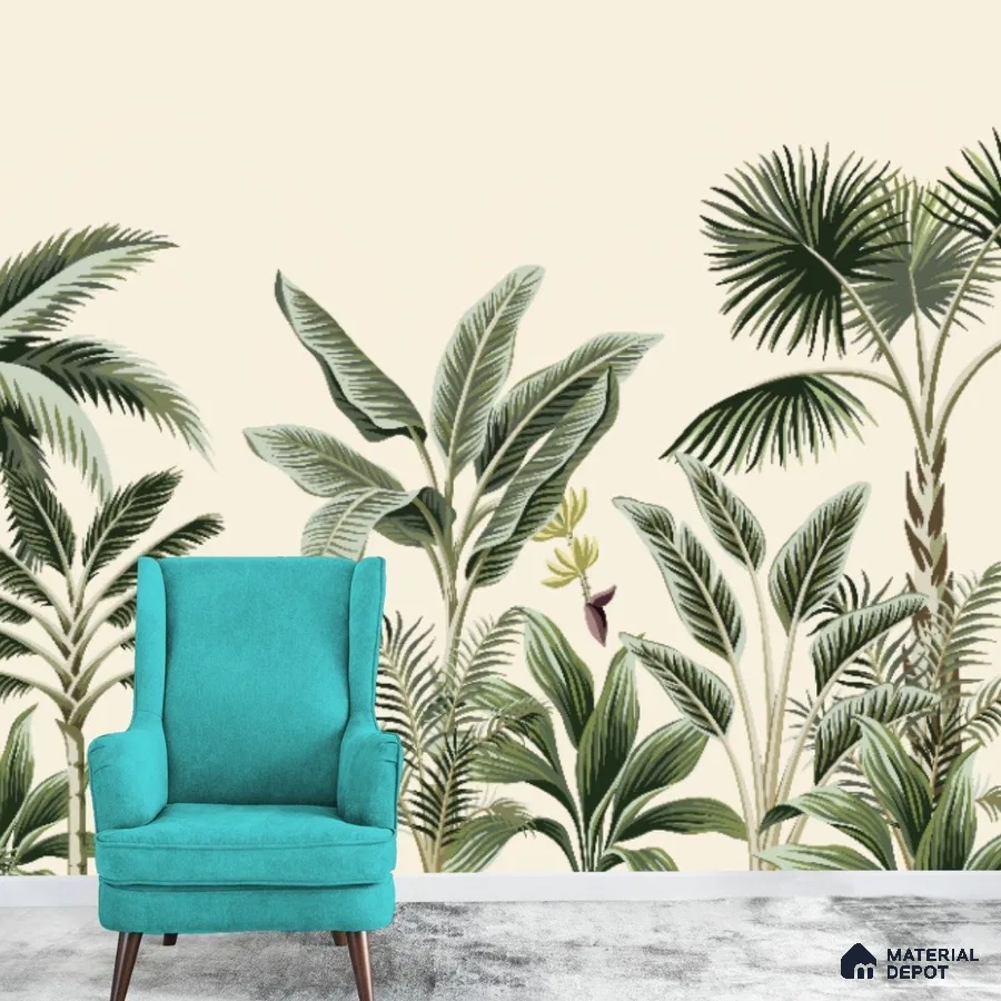 A close-up of a Light Green Trees in Tropical Room Wallpaper Indrani Series Soft Feel Tropical Design (Customised Size Wallpaper )available at Material Depot in Bangalore