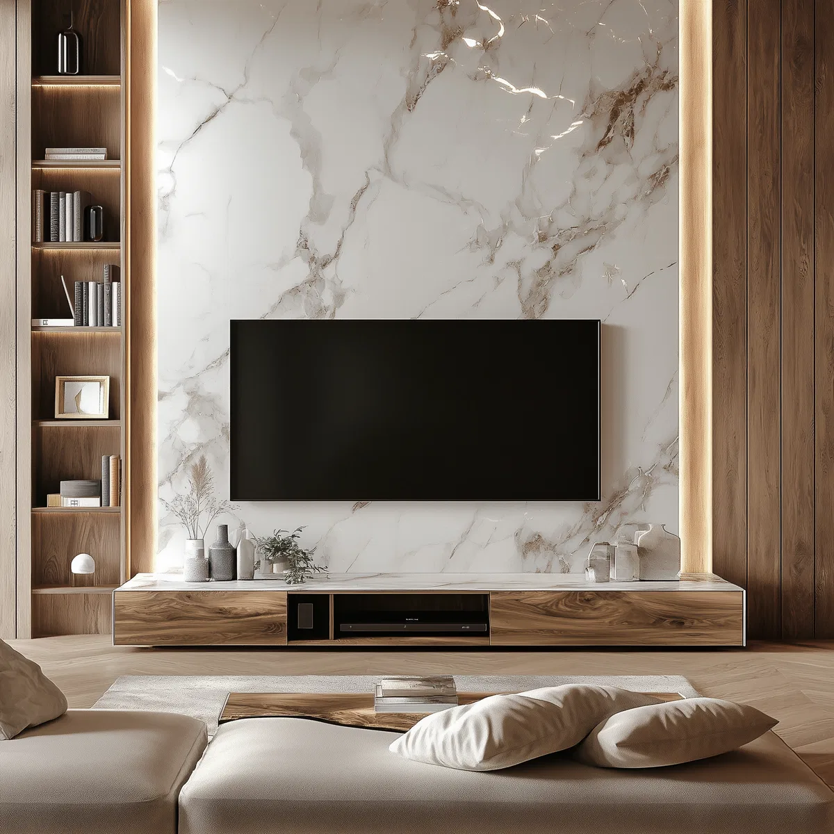 Modern living room with white marble laminate TV wall and walnut wood ...