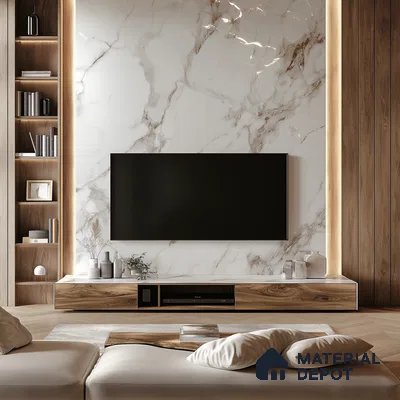 Serene Living Room with Marble Feature Wall and Wood Accents | Material Depot