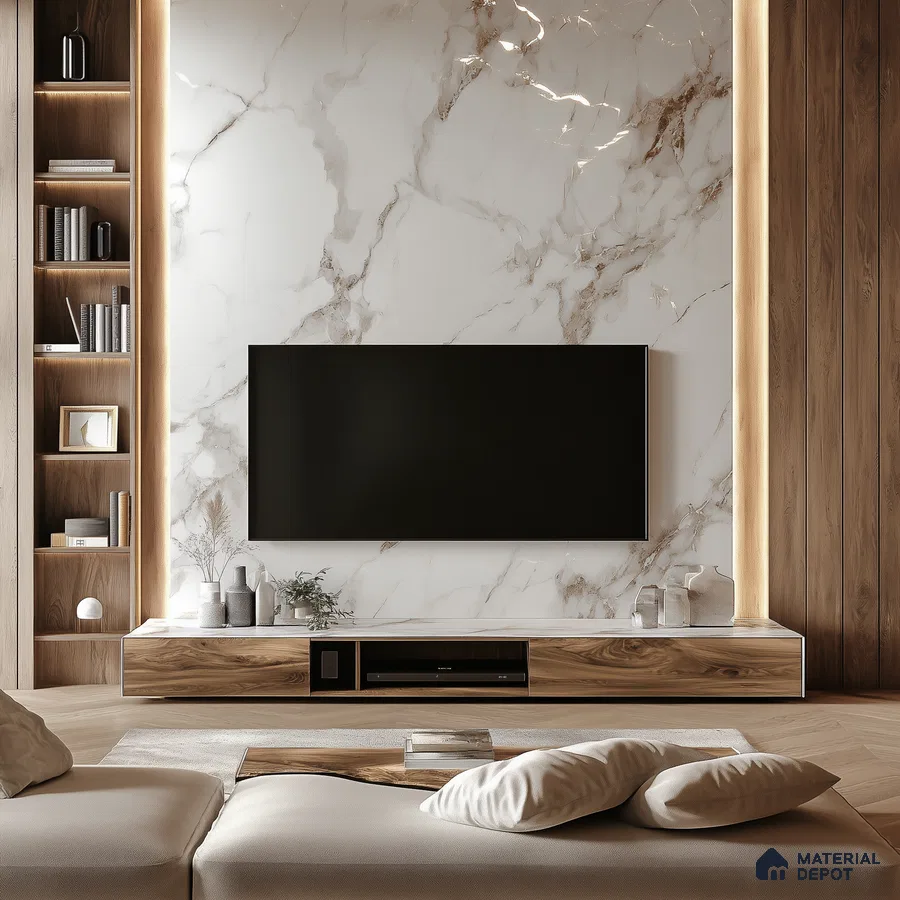 Serene Living Room with Marble Feature Wall and Wood Accents | Material Depot