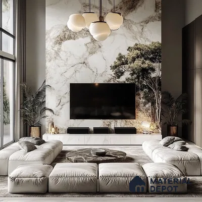 Serene Living Room with Nature-Inspired Marble Wall and Modular Seating | Material Depot