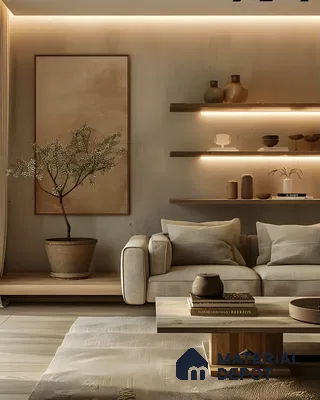 Serene Living Space with Earthy Tones and Ambient Lighting | Material Depot