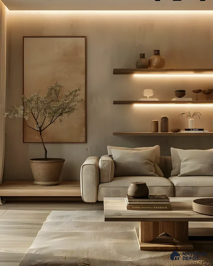 Serene Living Space with Earthy Tones and Ambient Lighting | Material Depot