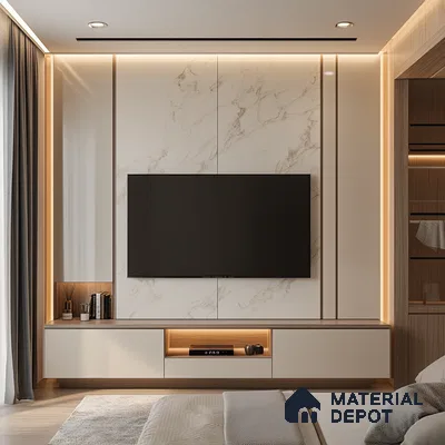 Serene Minimalism: A Modern Bedroom with a Marble Feature Wall | Material Depot
