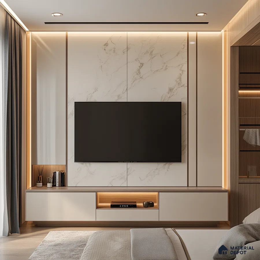 Serene Minimalism: A Modern Bedroom with a Marble Feature Wall | Material Depot