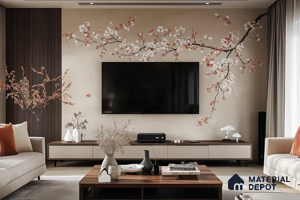Serene Minimalism: A Modern Living Room with a Floral Accent Wall | Material Depot