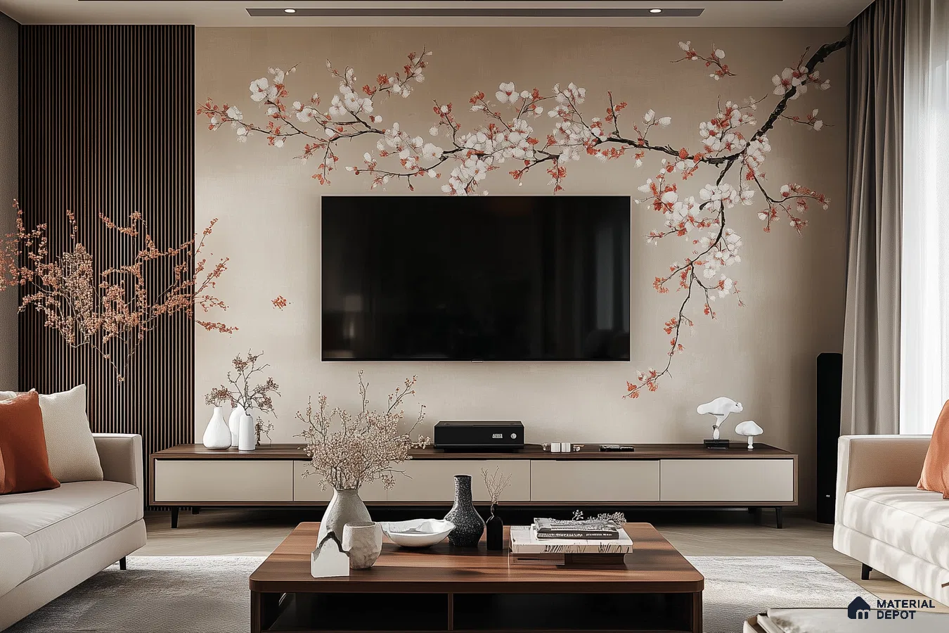 Serene Minimalism: A Modern Living Room with a Floral Accent Wall | Material Depot