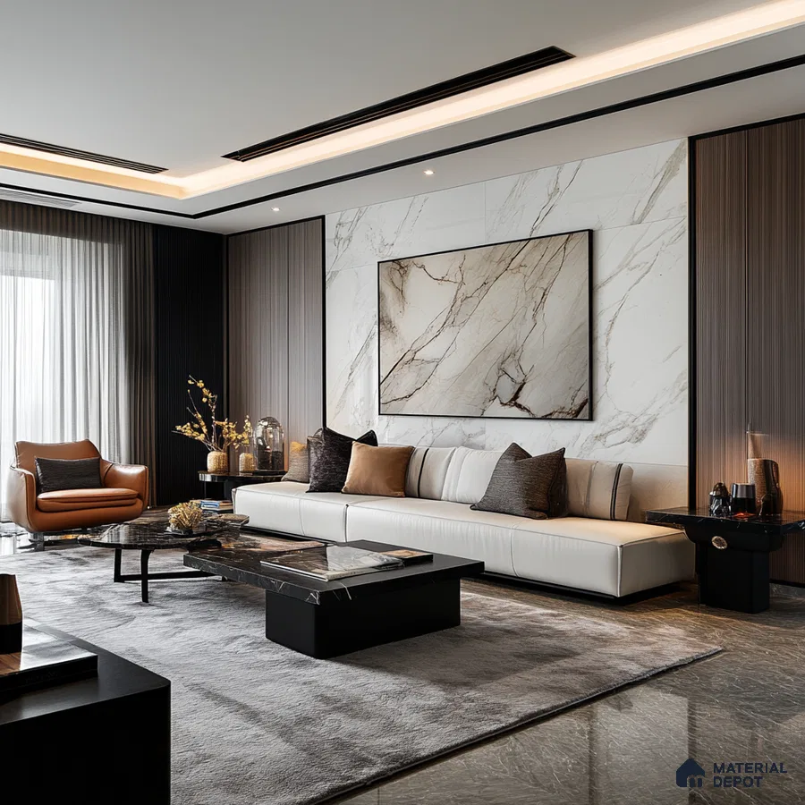 Serene Minimalism: A Modern Living Room with a Marble Feature Wall | Material Depot
