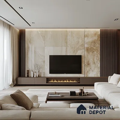 Serene Minimalism: A Modern Living Room with a Marble Feature Wall and Fireplace | Material Depot