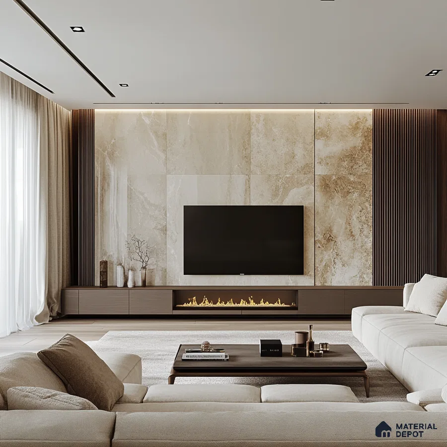 Serene Minimalism: A Modern Living Room with a Marble Feature Wall and Fireplace | Material Depot