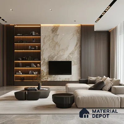 Serene Minimalism: A Modern Living Room with a Marble Feature Wall and Wood Accents | Material Depot