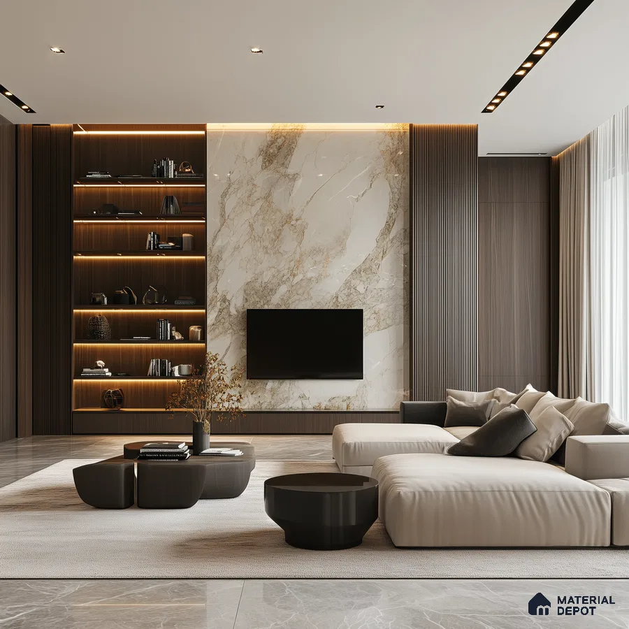 Serene Minimalism: A Modern Living Room with a Marble Feature Wall and Wood Accents | Material Depot