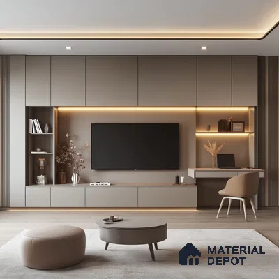 Serene Minimalism: A Modern Living Room with a Sleek TV Wall | Material Depot
