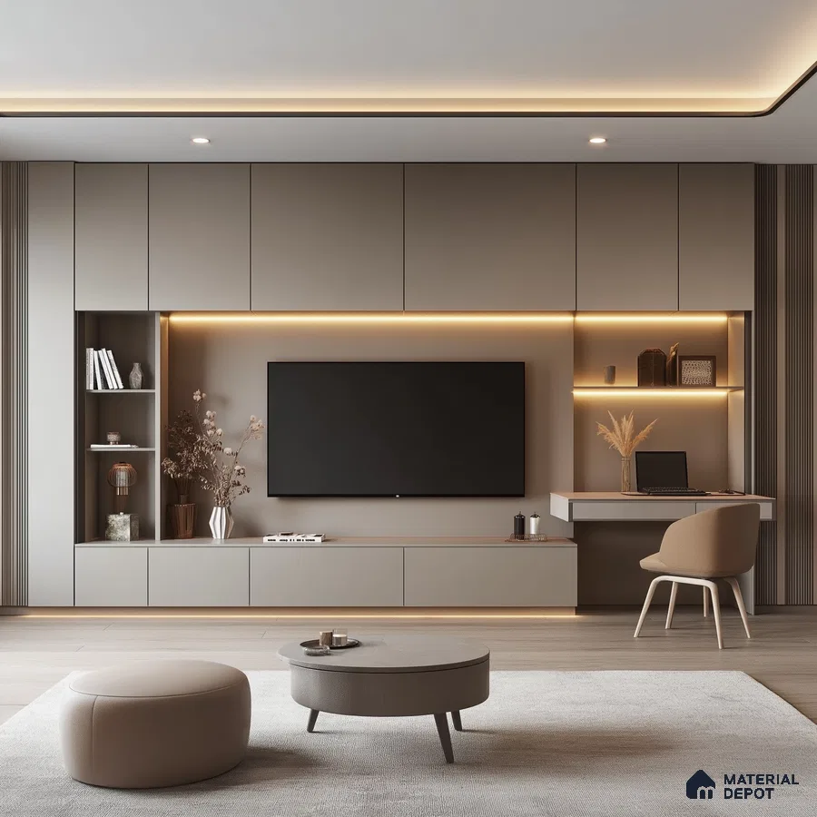 Serene Minimalism: A Modern Living Room with a Sleek TV Wall | Material Depot