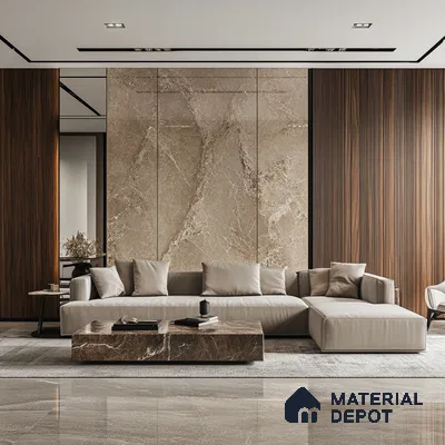 Serene Minimalism: A Modern Living Room with a Stone Feature Wall and Wood Accents | Material Depot