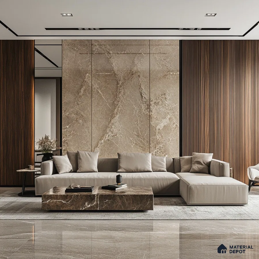 Serene Minimalism: A Modern Living Room with a Stone Feature Wall and Wood Accents | Material Depot