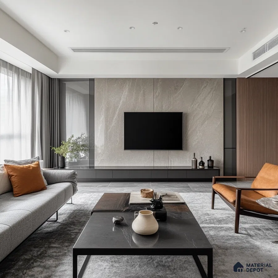 Serene Minimalism: A Modern Living Room with a Stone Feature Wall | Material Depot