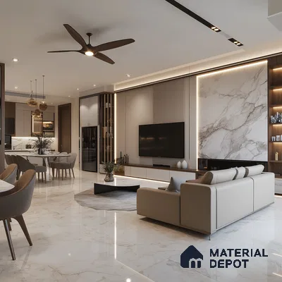 Serene Minimalism: A Modern Open-Concept Living Space with Marble Accents | Material Depot