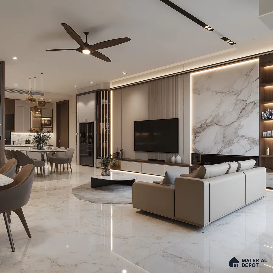 Serene Minimalism: A Modern Open-Concept Living Space with Marble Accents | Material Depot