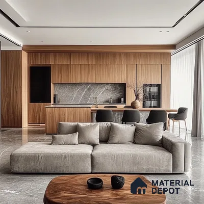 Serene Minimalism: A Modern Open-Concept Living Space with Wood Accents | Material Depot